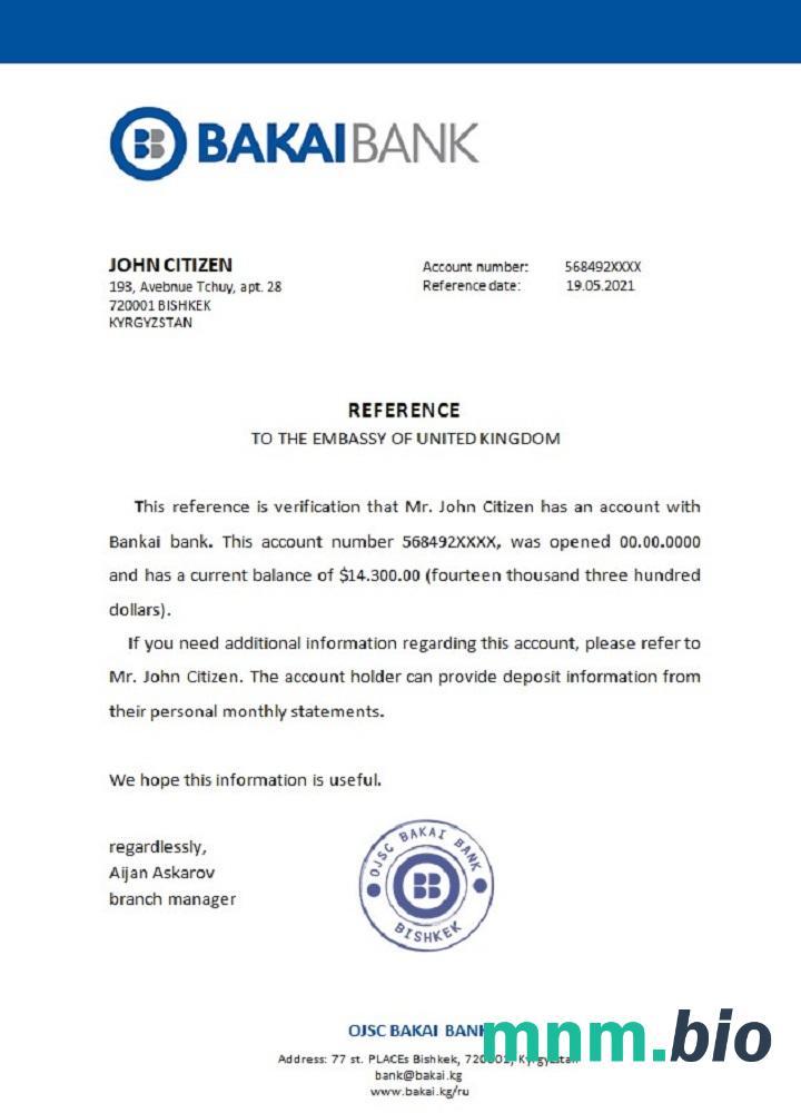 Kirgistan OJSC Bakai Bank przykład odniesienia w formatach Word i PDF